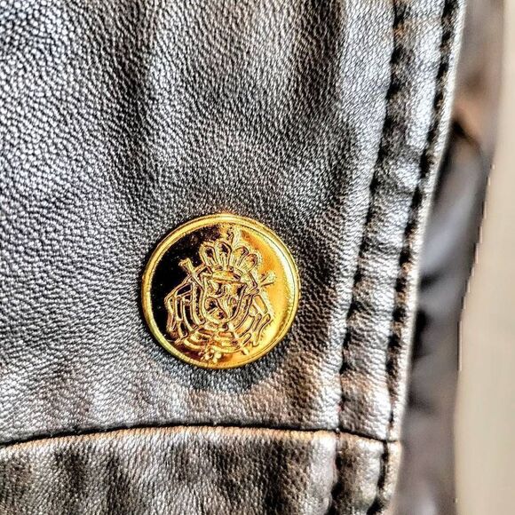 Braefair Vintage 80s Brown Leather Crested Gold Button Double Breasted Coat - Picture 13 of 16